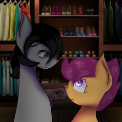 Size: 1280x1280 | Tagged: safe, artist:v1rn0, imported from derpibooru, scootaloo, oc, oc:daijopony, earth pony, pegasus, pony, digital art, duo, female, filly, foal, looking at each other, looking at someone, male, stallion