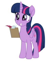 Size: 1000x1095 | Tagged: safe, artist:spookitty, imported from derpibooru, twilight sparkle, alicorn, pony, animated, clipboard, cute, female, folded wings, full body, gif, grin, happy, hooves, horn, loop, mare, quill, simple background, smiling, solo, standing, starry eyes, twiabetes, twilight sparkle (alicorn), white background, wingding eyes, wings