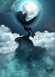 Size: 3000x4200 | Tagged: safe, artist:lastaimin, imported from derpibooru, princess luna, alicorn, pony, cloud, ethereal mane, ethereal tail, high res, horn, looking back, moon, night, palindrome get, signature, solo, spread wings, tail, wings