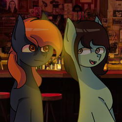 Size: 1280x1280 | Tagged: safe, artist:v1rn0, imported from derpibooru, oc, oc only, oc:birdeater, oc:murdertime, earth pony, pony, art, bar, brown eyes, brown mane, chatting, colored pupils, couple, digital art, drawing, duo, green pony, male, open mouth, open smile, orange eyes, orange hair, photo, real life background, relaxing, simple shading, smiling, stallion, talking