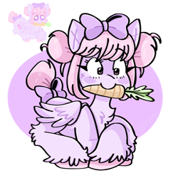 Size: 1280x1280 | Tagged: safe, artist:lolettecore, imported from derpibooru, oc, oc only, pegasus, pony, 2020, bow, carrot, chest fluff, cute, female, floppy ears, fluffy, food, hair bow, herbivore, mare, mouth hold, pastel, ponysona, redraw, solo, tail, tail bow