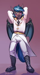 Size: 1604x3000 | Tagged: safe, artist:jedayskayvoker, imported from derpibooru, oc, oc:nocturne star, anthro, bat pony, anthro oc, bat pony oc, bat wings, blushing, clothes, colored, colored sketch, full color, looking at you, male, patreon, patreon reward, sketch, solo, stallion, sultry pose, uniform, wings