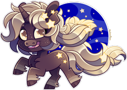 Size: 1932x1378 | Tagged: safe, artist:amberpone, imported from derpibooru, oc, oc only, oc:glowing star, pony, unicorn, brown fur, cel shading, chest fluff, chibi, commission, cute, digital art, female, freckles, full body, long hair, long mane, looking at you, mare, paint tool sai, shading, simple background, solo, space, stars, transparent background, yellow eyes, yellow mane