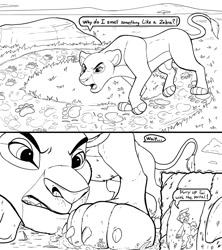 Size: 1776x2000 | Tagged: safe, artist:tsitra360, imported from derpibooru, oc, oc:vanilla beam, big cat, lion, pony, claws, comic, commission, grayscale, kiara, lineart, micro, monochrome, paw prints, portal, sniffing, the lion king, trail