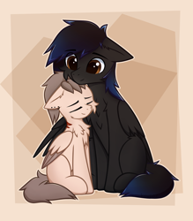 Size: 1792x2048 | Tagged: safe, artist:keupoz, imported from derpibooru, oc, oc only, oc:dima, oc:shadowguy, pegasus, pony, abstract background, cheek fluff, chest fluff, commission, ear fluff, ear piercing, eyes closed, leg fluff, pegasus oc, piercing, scar, sidemouth, sitting, wings