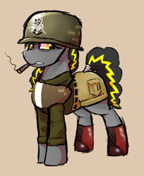 Size: 536x656 | Tagged: safe, artist:crazy water, artist:plaguetyranno, imported from derpibooru, oc, oc:bug-zapper, earth pony, pony, clothes, female, mare, military uniform, smoking, story in the source, uniform