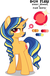 Size: 1739x2632 | Tagged: safe, artist:star-gaze-pony, imported from derpibooru, oc, oc only, oc:solis flare, pony, unicorn, eyebrows, eyebrows visible through hair, female, full body, grin, high res, hooves, horn, lidded eyes, mare, multicolored mane, multicolored tail, offspring, parent:flash sentry, parent:sunset shimmer, parents:flashimmer, reference sheet, shadow, signature, simple background, smiling, solo, standing, tail, transparent background, unicorn oc