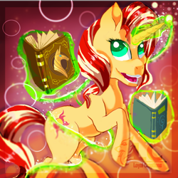 Size: 1024x1024 | Tagged: safe, artist:may-li128, imported from derpibooru, sunset shimmer, pony, unicorn, equestria girls, book, female, glowing, glowing horn, horn, magic, solo, telekinesis