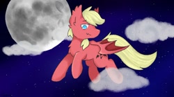 Size: 1280x719 | Tagged: artist needed, safe, imported from derpibooru, oc, oc only, bat pony, pony, cloud, flying, looking down, male, moon, night, night sky, sky, solo, stallion