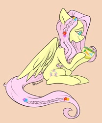Size: 854x1024 | Tagged: safe, artist:thefawnflying, imported from derpibooru, fluttershy, pegasus, pony, bowl, flower, flower in hair, hippie, hippieshy, implied angel bunny, simple background, solo