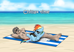 Size: 2911x2060 | Tagged: safe, artist:saillard, imported from derpibooru, rainbow dash, human, pegasus, pony, beach, chest hair, chillaxing, crossover, duo, female, male, ocean, skyrim, the elder scrolls, water