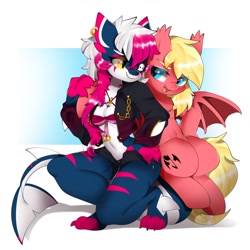 Size: 1280x1280 | Tagged: safe, artist:snow angel, imported from derpibooru, oc, oc only, oc:jack (jackpon3), anthro, bat pony, digitigrade anthro, pony, shark, bat pony oc, breasts, clothes, duo, eyepatch, father and child, father and daughter, female, furry, furry oc, looking at each other, looking at someone, male, non-mlp oc, sparkly eyes, stallion, wingding eyes