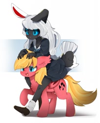 Size: 1045x1280 | Tagged: safe, artist:snow angel, imported from derpibooru, oc, oc only, oc:jack (jackpon3), bat pony, pony, rabbit, animal, bat pony oc, clothes, duo, eye clipping through hair, father and child, father and daughter, female, furry, furry oc, male, non-mlp oc, riding a pony, stallion