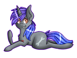 Size: 800x600 | Tagged: safe, artist:kittenburger3, imported from derpibooru, oc, oc only, oc:ombre gears, pony, unicorn, chest fluff, female, horn, lying down, prone, smiling, solo, unicorn oc