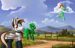 Size: 5100x3300 | Tagged: safe, artist:supermoix, imported from derpibooru, oc, oc:choco blanc, oc:daylight, oc:typh, bat pony, pegasus, pony, bat pony oc, cloud, cute, field, grass, mountain, pegasus oc