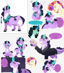 Size: 4000x4500 | Tagged: safe, artist:theartfox2468, imported from derpibooru, oc, oc only, oc:ignatius spark, oc:jade gemstone, oc:solar flare, dracony, hybrid, pony, unicorn, absurd resolution, bipedal, clothes, coat, color palette, crystal horn, dialogue, eye scar, female, hamlet, horn, interspecies offspring, male, offspring, parent:rarity, parent:spike, parent:starlight glimmer, parent:sunburst, parents:sparity, parents:starburst, scar, scarf, simple background, skull, speech bubble, stallion, white background, william shakespeare