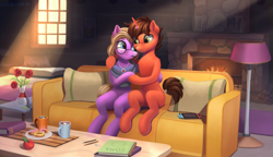 Size: 3875x2234 | Tagged: safe, artist:foxpit, imported from derpibooru, oc, oc only, oc:libra lavanda, oc:mars aurelian, oc:mars the gamer, earth pony, pony, unicorn, apple, book, chocolate, clothes, couch, donut, duo, female, fire, fireplace, flower, food, glasses, holding hooves, horn, horn ring, hot chocolate, jewelry, lamp, male, mare, mug, necklace, nintendo switch, oc x oc, pencil, pillow, ring, rose, scarf, shipping, soup, stallion, window