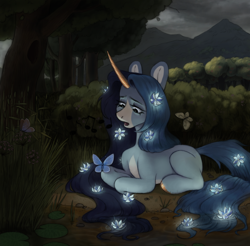 Size: 3000x2949 | Tagged: safe, artist:bloodymrr, imported from derpibooru, oc, oc only, oc:joanna, butterfly, pony, unicorn, apple, apple tree, blue eyes, blue mane, blue tail, bush, butterfly wings, cloud, colored hooves, commission, flower, flower in hair, forest, forest background, gold hooves, hooves, lying, lying down, mountain, open mouth, rcf community, river, sand, singing, sky, solo, tail, thunderstorm, tree, water, waterlily, wings