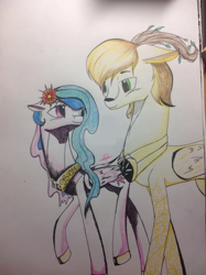 Size: 1613x2160 | Tagged: artist needed, safe, imported from derpibooru, princess celestia, oc, oc:king mirael, deer, duo, female, flower, flower in hair, looking at each other, looking at someone, male, mare, stallion, traditional art