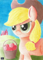 Size: 1700x2338 | Tagged: safe, artist:electric-television, imported from derpibooru, applejack, earth pony, pony, apple, female, food, solo, traditional art