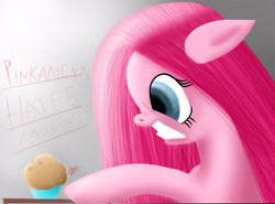 Size: 2700x2000 | Tagged: safe, artist:electric-television, imported from derpibooru, pinkie pie, earth pony, pony, angry, female, food, gritted teeth, muffin, pinkamena diane pie, solo