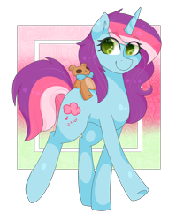 Size: 1720x2160 | Tagged: safe, artist:thecreativerey, imported from derpibooru, oc, oc only, pony, unicorn, abstract background, commission, commissioner:rainbowkittyy, female, horn, plushie, smiling, solo, teddy bear, transparent background, unicorn oc