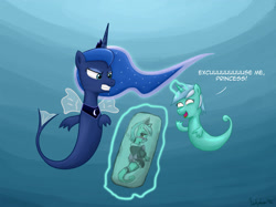 Size: 2640x1970 | Tagged: safe, artist:johnjoseco, artist:shivanking, imported from derpibooru, lyra heartstrings, princess luna, sea pony, 2012, blushing, body pillow, clothes, duo, luna is not amused, maid, pinpoint eyes, seaponified, seapony luna, seapony lyra, species swap, the legend of zelda, the legend of zelda cartoon, unamused, underwater, well excuse me princess