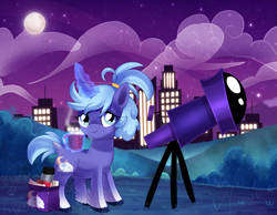 Size: 3484x2706 | Tagged: safe, artist:spookyle, imported from derpibooru, oc, oc:dream cloud, hybrid, unicorn, bag, city, cityscape, cup, female, magic, mare, night, solo, telescope