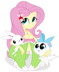 Size: 744x912 | Tagged: safe, artist:shizow, imported from derpibooru, angel bunny, fluttershy, mitsy, cat, rabbit, equestria girls, animal, female, male, simple background, sitting, smiling, tongue out, transparent background, trio, vector