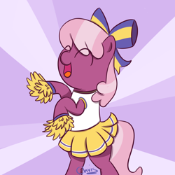 Size: 1000x1000 | Tagged: safe, artist:chrisrainicorn, imported from derpibooru, cheerilee, earth pony, pony, ^^, bipedal, cheerileeder, cheerleader, cheerleader outfit, clothes, cute, eye clipping through hair, eyes closed, female, happy, mare, open mouth, open smile, signature, skirt, smiling, solo, sunburst background