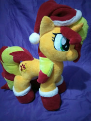 Size: 1080x1440 | Tagged: safe, artist:darkwolfmx, imported from derpibooru, sunset shimmer, pony, unicorn, equestria girls, christmas, clothes, female, hat, holiday, irl, photo, plushie, santa hat, socks, solo