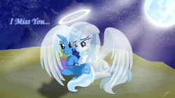 Size: 4000x2239 | Tagged: safe, artist:darkwolfmx, imported from derpibooru, trixie, oc, oc:rayne lulamoon, alicorn, pony, unicorn, alicorn oc, crying, duo, female, halo, horn, plushie, spirit, teddy bear, wings