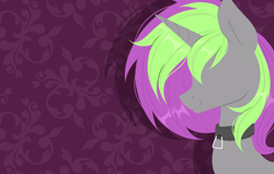 Size: 4368x2772 | Tagged: safe, artist:torihime, imported from derpibooru, oc, oc only, oc:frenzy nuke, pony, unicorn, abstract background, collar, lineless, no eyes, solo, wallpaper