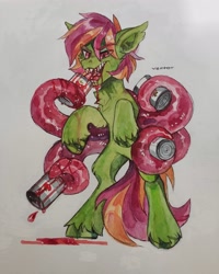 Size: 3000x3750 | Tagged: safe, artist:zlatavector, imported from derpibooru, oc, oc only, oc:frame gravity, pony, eating, fangs, food, male, soup, tentacles, tin, tomato, tomato soup, trade, traditional art