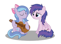 Size: 1674x1215 | Tagged: safe, artist:dragonchaser123, imported from derpibooru, oc, oc only, oc:mary medley, oc:purple roselyn, pegasus, pony, blushing, duo, duo female, eyes closed, female, folded wings, guitar, hoof hold, looking at someone, mare, musical instrument, open mouth, pegasus oc, shadow, show accurate, simple background, sitting, smiling, tail, transparent background, two toned mane, two toned tail, vector, wings