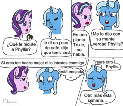 Size: 1024x884 | Tagged: safe, artist:wrath-marionphauna, imported from derpibooru, phyllis, starlight glimmer, trixie, comic, simple background, spanish, translation, white background