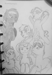 Size: 712x1024 | Tagged: safe, artist:shimmerharmony4215, imported from derpibooru, oc, oc only, oc:daydream, oc:meadow green, oc:poppy, oc:sky drift, oc:stargazer, oc:vallerian, earth pony, pegasus, pony, unicorn, female, grayscale, group, magical lesbian spawn, male, mare, monochrome, next generation, offspring, parent:applejack, parent:big macintosh, parent:flash sentry, parent:fluttershy, parent:pinkie pie, parent:pokey pierce, parent:rainbow dash, parent:rarity, parent:soarin', parent:thunderlane, parent:trixie, parent:twilight sparkle, parents:flashlight, parents:fluttermac, parents:pokeypie, parents:rarixie, parents:soarinjack, parents:thunderdash, pencil drawing, stallion, traditional art