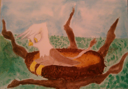 Size: 1867x1302 | Tagged: safe, anonymous artist, imported from derpibooru, gilda, griffon, behaving like a bird, drawing, nest, solo, traditional art, tree