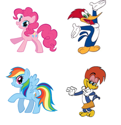 Size: 675x698 | Tagged: safe, edit, pinkie pie, rainbow dash, earth pony, pegasus, pony, cartoon, crossover, cute, dashabetes, diapinkes, female, male, mare, simple background, the new woody woodpecker show, white background, winnie woodpecker, woodpecker, woody woodpecker