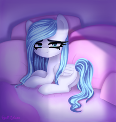 Size: 7200x7600 | Tagged: safe, artist:opal_radiance, imported from derpibooru, pegasus, pony, bed, blue eyes, blue hair, cuddling, pillow, relaxing, rest, snuggling, solo, white