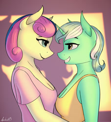 Size: 1162x1280 | Tagged: safe, artist:apocheck13, imported from derpibooru, bon bon, lyra heartstrings, sweetie drops, anthro, earth pony, unicorn, breasts, bust, cleavage, clothes, female, horn, lesbian, looking at each other, looking at someone, lyrabon, shipping, shirt, smiling