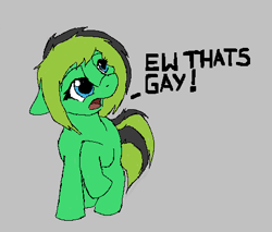 Size: 462x393 | Tagged: safe, oc, oc only, earth pony, pony, aggie.io, dialogue, female, gay, male, mare, open mouth, raised hoof, reaction image, simple background, surprised