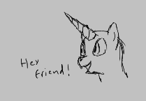 Size: 209x145 | Tagged: safe, artist:anonymous, oc, oc only, pony, unicorn, aggie.io, dialogue, female, horn, lowres, mare, monochrome, open mouth, simple background, smiling
