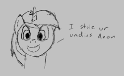 Size: 384x236 | Tagged: safe, artist:anonymous, lyra heartstrings, pony, unicorn, aggie.io, dialogue, female, implied anon, lowres, mare, monochrome, open mouth, simple background, smiling, solo, talking to viewer