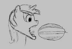 Size: 394x270 | Tagged: safe, artist:anonymous, lyra heartstrings, pony, unicorn, aggie.io, female, food, horn, mare, monochrome, open mouth, simple background, solo, tongue out, watermelon