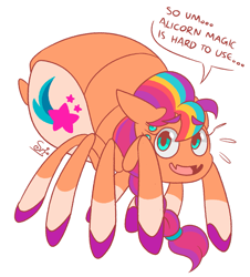 Size: 1641x1812 | Tagged: artist needed, safe, imported from ponybooru, sunny starscout, spider, g5, my little pony: tell your tale, simple background, solo, species swap, speech bubble, white background