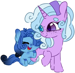 Size: 1280x1251 | Tagged: safe, artist:maximumpiracy, imported from derpibooru, oc, pony, unicorn, base used, duo, freckles, heterochromia, horn, hug, looking back, magical lesbian spawn, offspring, parent:pinkie pie, parent:trixie, parents:trixiepie, simple background, smiling, transparent background, unicorn oc