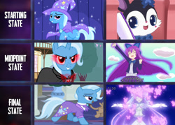 Size: 1280x915 | Tagged: safe, artist:mega-poneo, imported from derpibooru, trixie, human, rabbit, boast busters, magic duel, the last problem, alicorn amulet, animal, anime, bow, cape, clothes, crossover, evil trixie, hat, humanized, jewelpet, luea, older, older trixie, phone, trixie's cape, trixie's hat