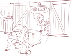 Size: 1309x1012 | Tagged: safe, artist:applepost67, imported from derpibooru, applejack, big macintosh, earth pony, pony, barn, brother and sister, duo, female, hay bale, male, mare, monochrome, onomatopoeia, siblings, sleeping, sound effects, stallion, zzz