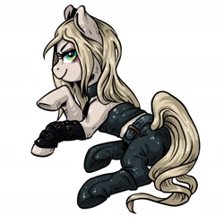 Size: 1310x1310 | Tagged: safe, artist:porcelanowyokular, imported from derpibooru, earth pony, pony, choker, clothes, devil may cry 5, female, mare, pants, ponified, simple background, solo, trish (devil may cry), white background